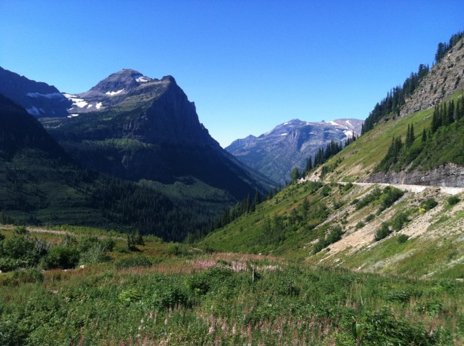 View of the road cut-out in the side of the mountain.