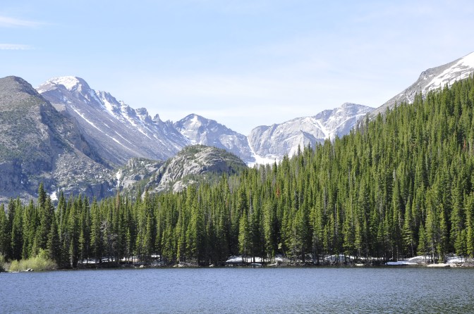 Longs Peak in the background with Bear Lake in the foreground.